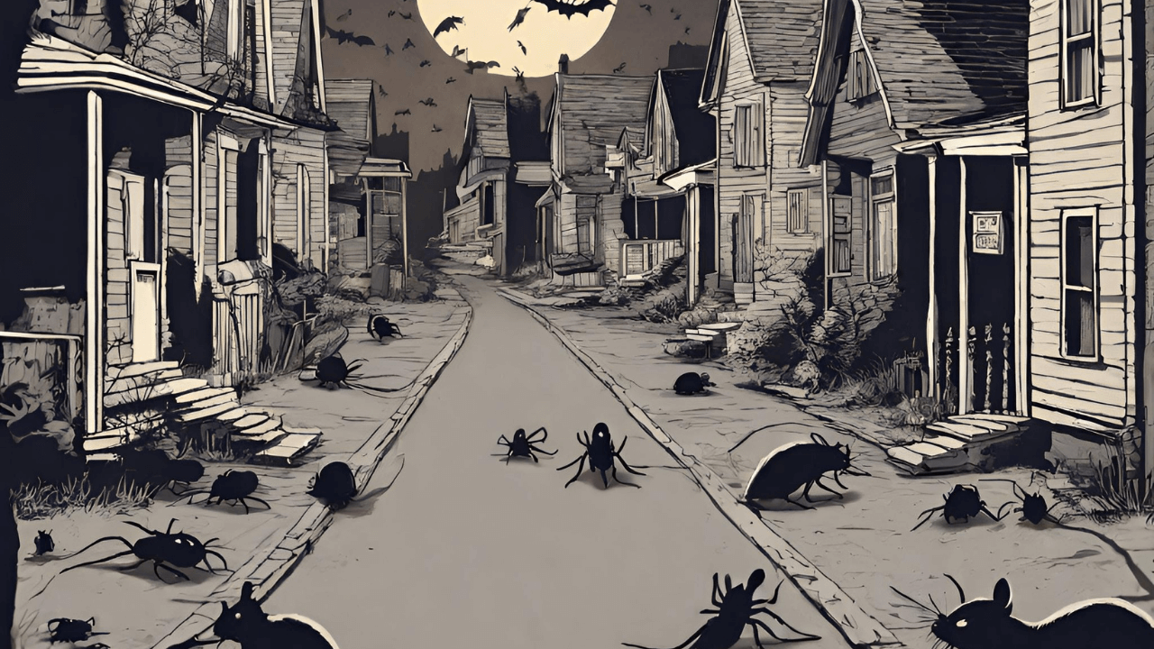 Spooky Pests That Can Give Homeowners a Scare This Halloween a photo of a scary neighborhood with lots of pests such as rats, bats, spiders, cockroaches, and mosquitoes for Spooky Pests That Can Give Homeowners a Scare This Halloween