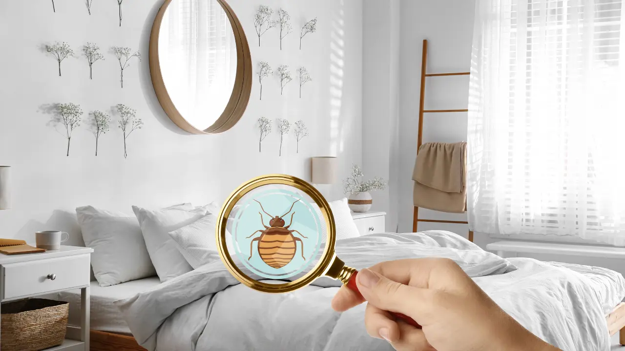 National Bed Bug Prevention Day a hand holding a magnifying glass detecting a bed bug, close up