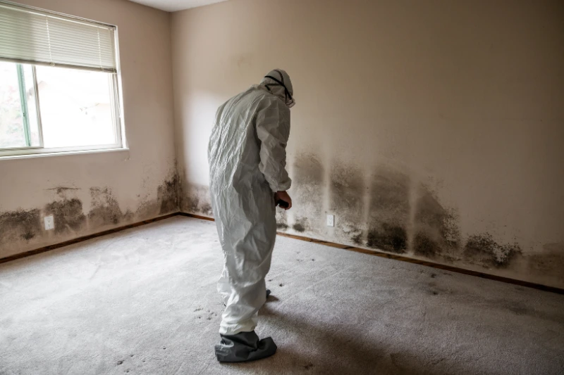 Wet Season Maintenance (May to October) A man dressed in a white suit surveys a moldy room, emphasizing the need for effective home maintenance practices.