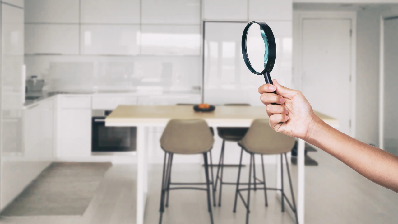 Summer Vacation Checklist Pest-Proof Your Home Before You Travel A person examines a kitchen with a magnifying glass, emphasizing pest-proofing for summer vacation preparations.