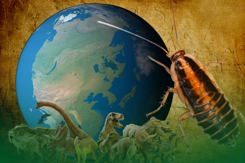 Ancient Existence a group of dinosaurs and a cockroach around a globe -for cockroach facts