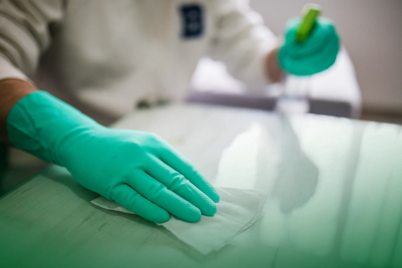 Bactericides a worker cleaning and spraying disinfectant