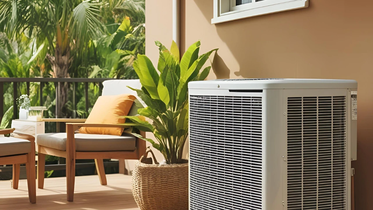 Beat the Heat Essential Home Cooling Tips for the Dry Season Air conditioner placed on a patio, promoting home cooling tips to beat the heat during warm weather.