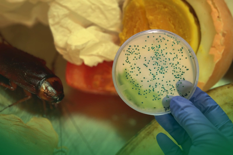 Disease Transmission a hand holding a petri dish with a pest in the background for cockroach facts