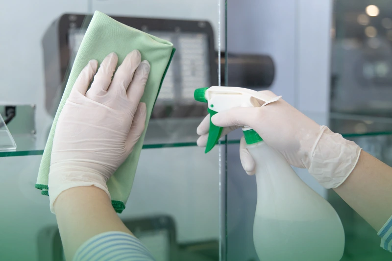 Keep a Clean and Clutter-Free Environment spraying and wiping a glass cabinet