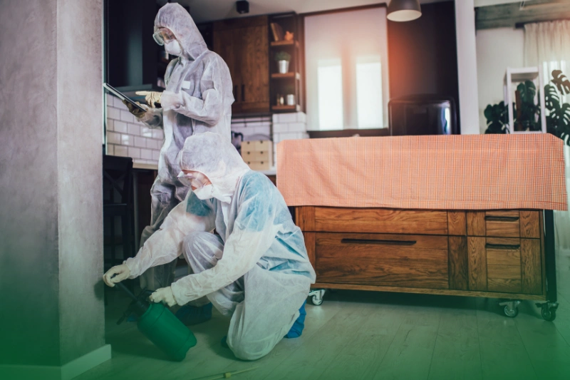 Maintain a Regular Cleaning Schedule specialists in protective suits spraying insecticides on an apartment