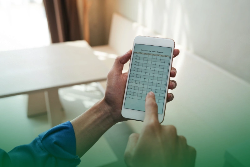 Maintain a Regular Cleaning Schedule checking room cleaning schedule on the phone